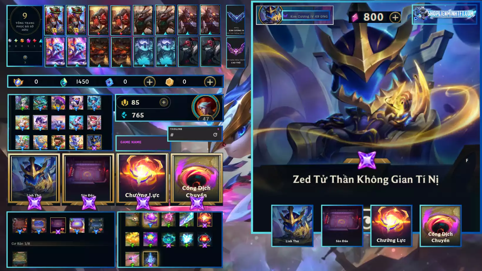 Combo Zed Tử Thần Không Gian Tí Nị - Dư 0 Huy Chương - 6 Tím - 1 Pet Tím - 1 Sàn Tím - 4 Chưởng Tím - Dư 1450 Pha Lê - 5 Tí Nị Thường - 4 Sàn Blue - Chưởng Lực Như Ảnh - Còn Đổi Tên - Rank TFT KC 4